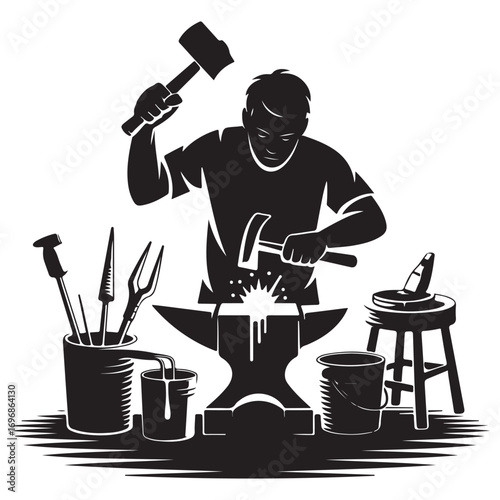 Silhouette of a blacksmith vigorously hammering glowing hot metal on an anvil with tools surrounding the workstation in a workshop