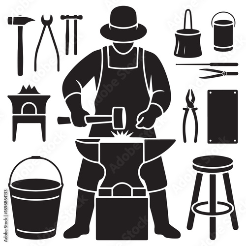 Silhouette of a blacksmith working at an anvil with tools and equipment in a vintage illustration style