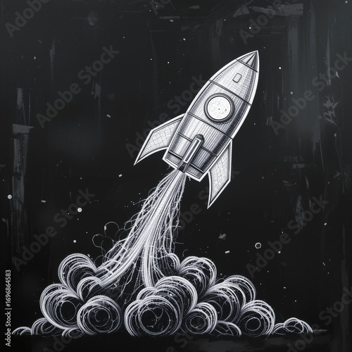  Vintage Style Drawing of a Rocket Taking Off