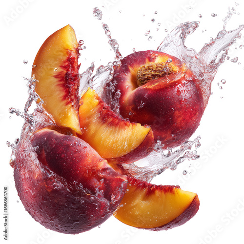 Juicy nectarine wedges and whole fruit exploding in water splash macro photography