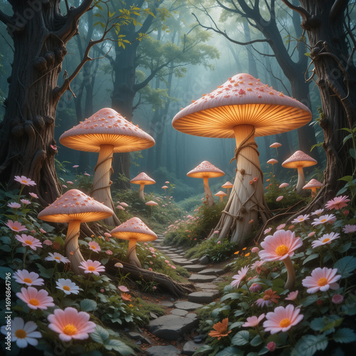 Enchanted Fantasy Forest with Glowing Mushrooms and Flowers