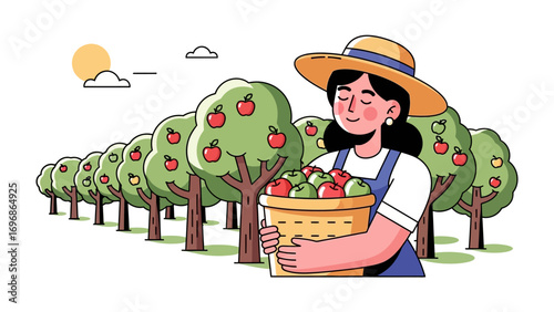 Harvest Bounty: A farmer, beaming with joy, holds a basket brimming with freshly picked apples amidst an orchard under the warm glow of the sun. 