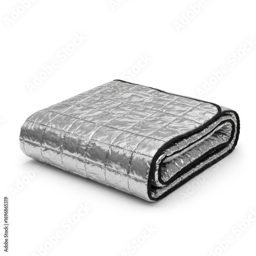 Folded Silver Quilted Emergency Blanket with Black Edges in Studio Lighting