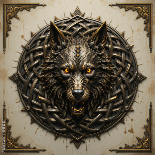  Intricate Celtic Knotwork Wolf Head with Gold Accents
