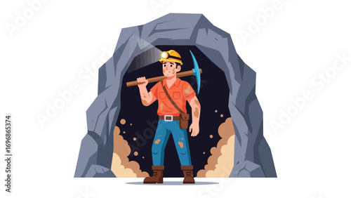 Mining Venture: A rugged miner, illuminated by a headlamp, stands poised at the entrance of a cavern, pickaxe resting on his shoulder.