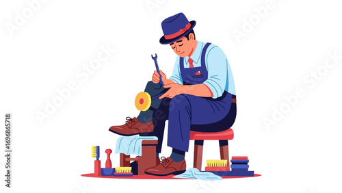 The Shoe Master's Craft: Capturing the quiet dedication and intricate craftsmanship of a shoemaker meticulously repairing a fine leather shoe, surrounded by the tools of his trade.