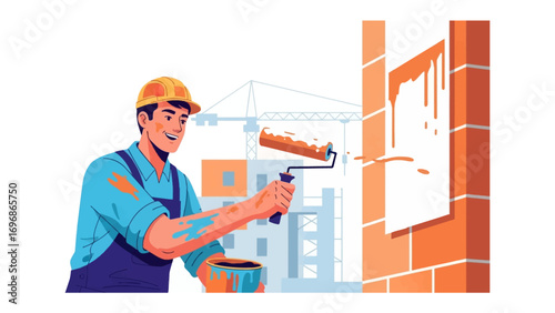 Renovation with a Touch of Color: An illustrated depiction of a skilled painter, adorned in a protective helmet and overalls, employing a roller to refresh a brick wall with vibrant paint.