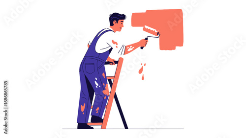 Painting the Path to Perfection: A skilled painter, standing on a wooden ladder, focuses intently on applying a vibrant coat of paint to a wall, transforming the space with creativity and care.