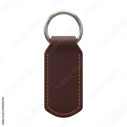 Brown Leather Keychain with Silver Ring on White Background Isolated Studio Shot