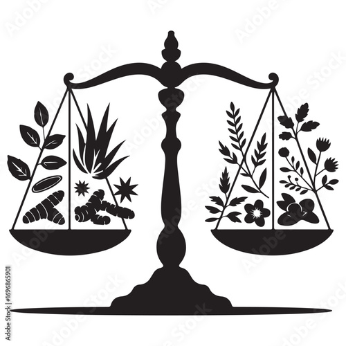 Silhouette of antique balance scales holding various botanical elements and herbs symbolizing balance and natural remedies