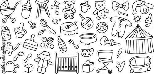 Cute Baby and Toddler Toy Icons Collection with Crib and Stroller Keywords: baby, toy, stroller, crib, teddy bear, rattle