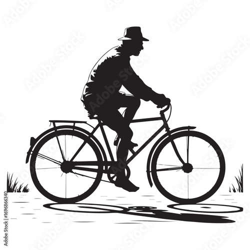 Silhouette of a person wearing a hat riding an old fashioned bicycle on a sunny day with shadows cast on the ground