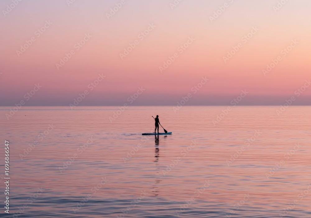 Fototapeta premium Solitary paddleboarder at dawn on calm sea.