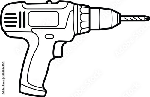 Simple illustration of a cordless electric drill with a bit attached, ready for use.