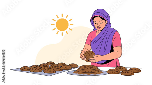 Woman in the sun: A woman in the sun is organizing items