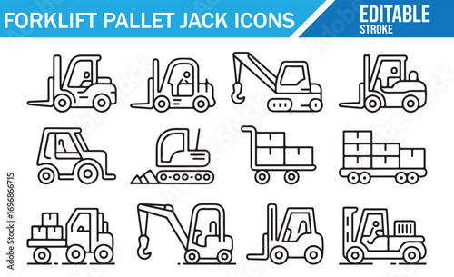 Editable stroke transport, cargo, and warehouse machinery icons