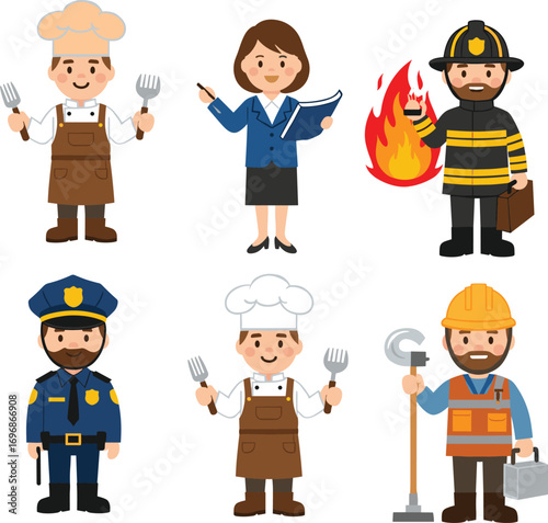 Cartoon professions characters including chef, teacher, firefighter, police officer, engineer in flat style, ideal for education, jobs, and career themes.