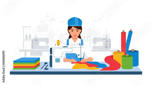 The Seamstress's Workshop: A focused seamstress meticulously operates a sewing machine in her studio, surrounded by vibrant fabrics and spools of thread, embodying precision and craftsmanship.