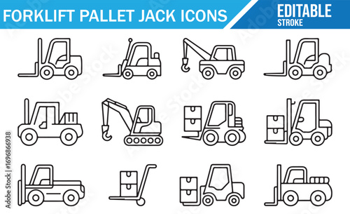 Editable stroke forklift and pallet jack icons set including warehouse vehicles, cargo lifting, logistics equipment, construction machinery, and transport symbols isolated on white background