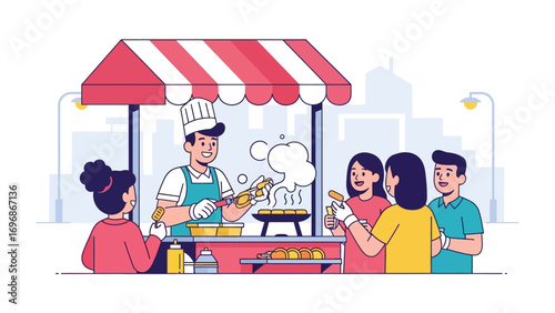 Street Food Stall: A vibrant illustration captures a cheerful vendor at his street food stall, expertly serving customers with a steaming plate of delicious treats. The scene is bustling with energy.