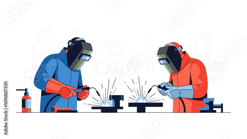Welding Duo: Two skilled welders engrossed in their craft, igniting sparks of innovation and precision, dressed in protective gear and expertly wielding their tools to create the metal bond. 