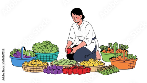 Farm Fresh Harvest: An illustration shows the vibrant farmer surrounded by an array of fresh produce, each basket overflowing with the bounty of the earth.