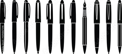 A collection of classic black pens, showcasing elegant design and writing tools.