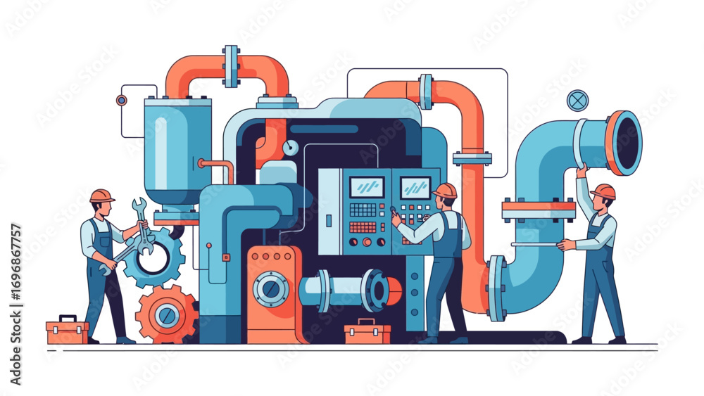 Fototapeta premium Precision in Progress: A team of diligent technicians meticulously maintains and repairs intricate machinery, ensuring seamless functionality and operational efficiency.