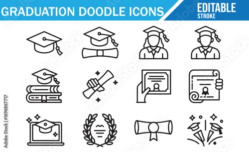 Outline symbols of learning, students, diplomas, and graduation caps