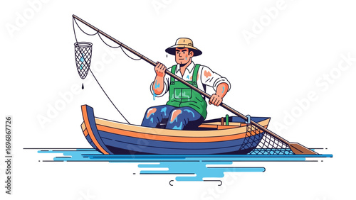 The Angler's Solitude: A lone figure diligently navigates his boat, casting a fishing line with practiced ease and calm and patience