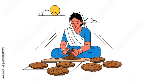 Rural Woman Crafting: This illustration shows a rural woman deeply engrossed in her craft, skillfully shaping organic discs. The scene embodies a life of simple beauty, self-sufficiency.