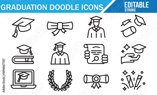 Vector doodle line icons of degrees, awards, and academic success