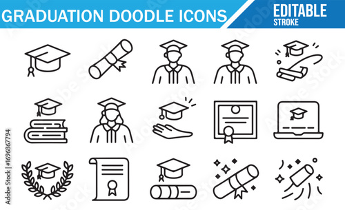 Editable stroke education and achievement icon collection