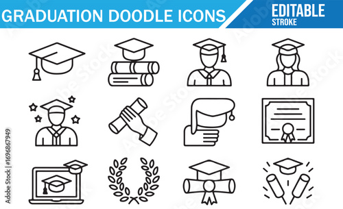 Editable stroke doodle icons set of graduation elements including cap, diploma, student, certificate, books, ceremony, award, online learning, and celebration symbols isolated on white background
