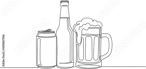 Continuous line drawing of beer can bottle and mug illustration