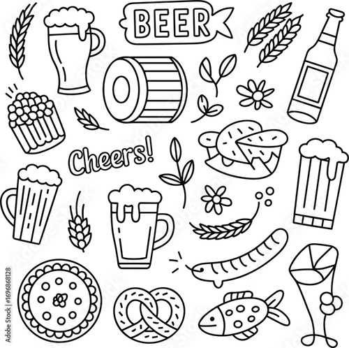 Oktoberfest Beer and Food Icons Collection with Mugs and Sausages Keywords: beer, mug, stein, bottle, pretzel, sausage, fish, pie