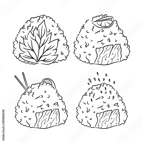 Four Triangular Onigiri (Japanese Rice Balls) with Various Toppings