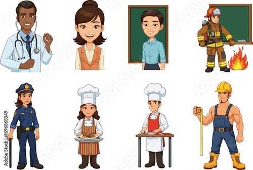 Diverse professional people including doctor, teacher, firefighter, police officer, chef, and construction worker in uniform with tools and props