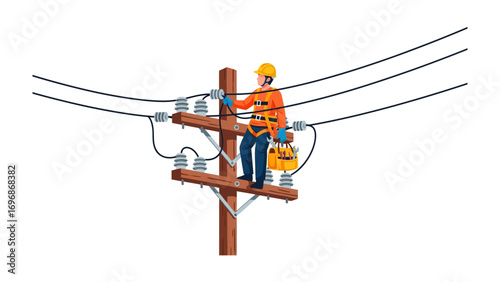 Lineman at Work: A skilled lineman, clad in safety gear, diligently works on a utility pole, ensuring the reliable flow of electricity and the smooth operation of modern life.