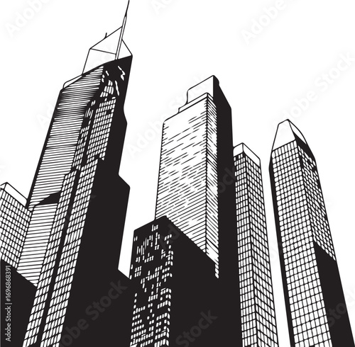 Dramatic Skyscraper View Silhouette against White Sky Urban Landscape Art Style Illustration