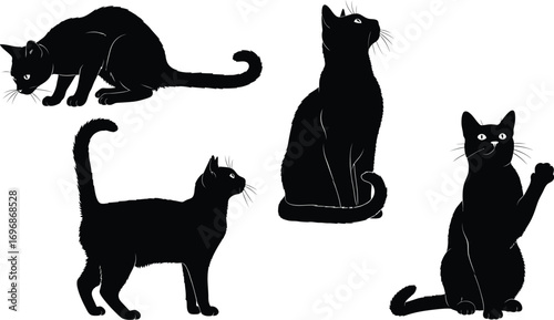 Elegant black cat silhouettes in various playful poses on a white background