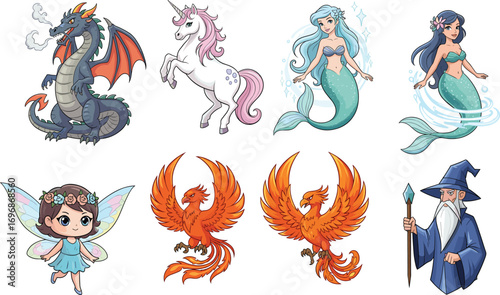 Fantasy cartoon characters collection, including dragon, unicorn, mermaid, fairy, phoenix, and wizard, perfect for kids books, games, 