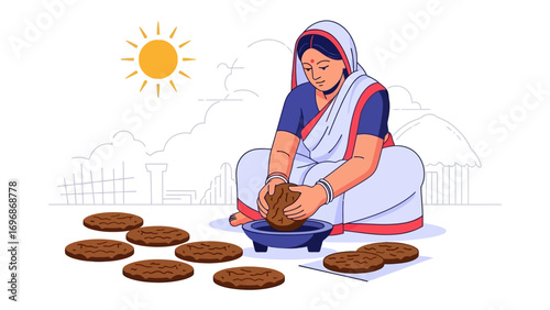 Crafting Tradition: A skilled woman, seated serenely under the warm sun, molds the dough with care and dedication, showcasing the beauty of simplicity and tradition.