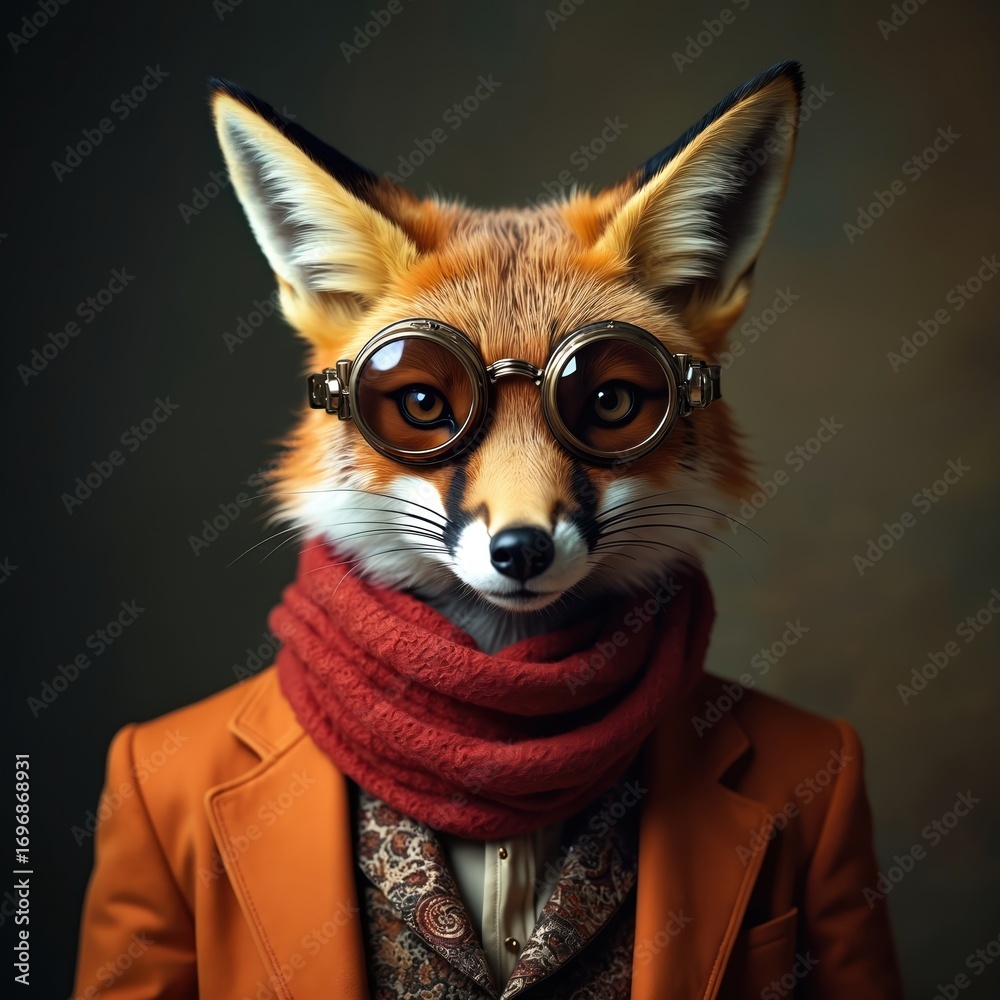 Fototapeta premium Anthropomorphic fox portrait wearing steampunk goggles, orange jacket, red scarf. Studio shot features stylized, furry animal head with detailed eyes, patterned waistcoat. Focus on unique character,