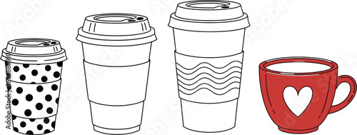 Assortment of coffee cups and mugs with various designs for beverages
