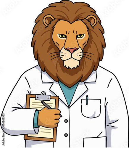 Cartoon lion doctor holding clipboard symbolizing veterinary medicine or medical professionalism