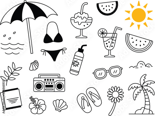 Summer vacation beach and vacation doodle elements holiday