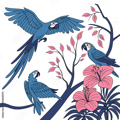 Three Blue Macaws Perched and Flying Near Pink Hibiscus Flowers parrot bird