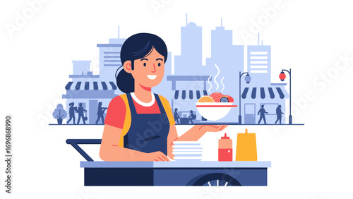 Service with a Smile: A diligent female food server gracefully balances a delicious bowl of food, surrounded by a bustling cityscape, her smile a beacon of culinary excellence.