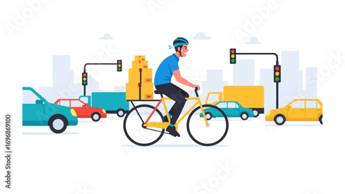 Urban Cyclist's Delivery Rush: A cyclist navigates a bustling city scene, delivering packages amidst traffic and illuminated traffic signals.